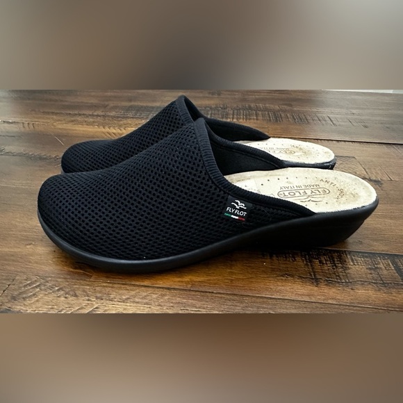 Fly Flot Shoes Womens Sz 8 / 39 Mule Clogs Black Fabric Slip On Made In USA - Picture 1 of 8